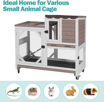Rabbit Hutch Indoor for 2-4 Rabbits & Guinea Pigs，Bunny Cage with Slide-Out Plastic Trays，Wooden