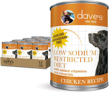 Dave's Pet Food Restricted Sodium Diet for Dogs, Chicken Pate Recipe, 13.2 oz Canned Dog Food, Case