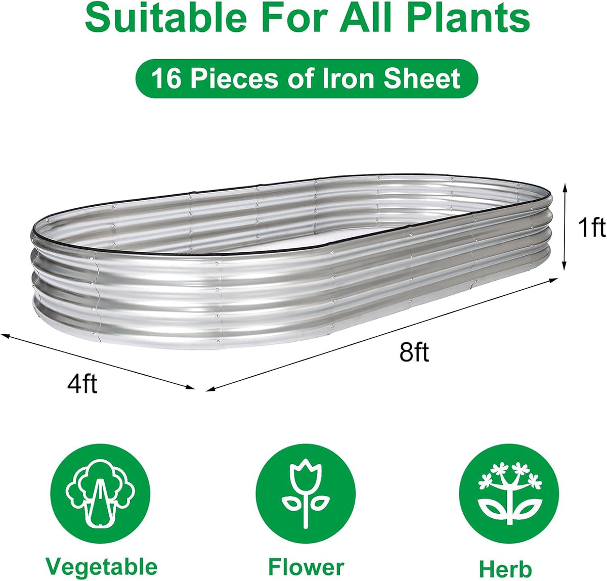 JERIA 2 Pcs 8×4×1ft Oval Raised Garden Bed,Galvanized Raised Garden Bed Kit Outdoor Metal Gardening