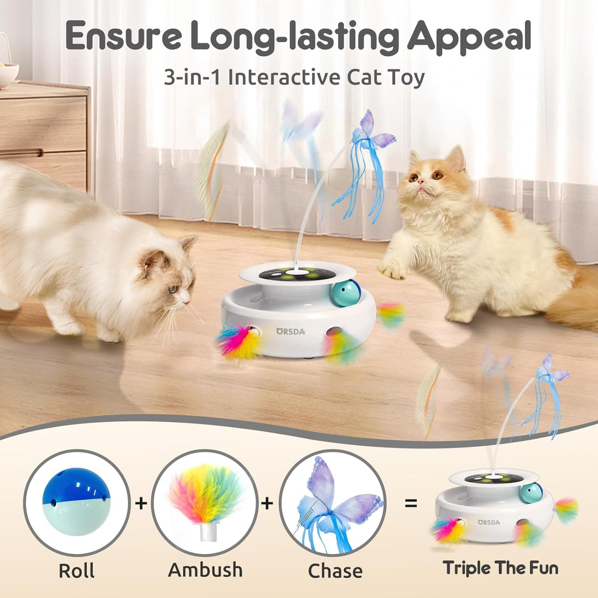 ORSDA Cat Toy, 3-in-1 Automatic Interactive Electronic Moving Ambush Feather, Fluttering Butterfly