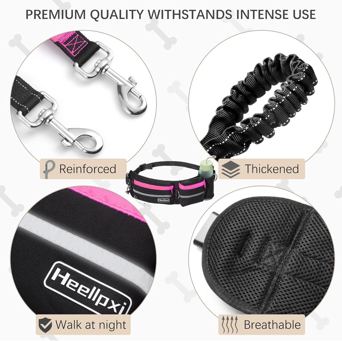 Hands-Free Dog Leash with Pouch, Waist Leash for Walking Two Dogs, Reflective Stitching, Dual
