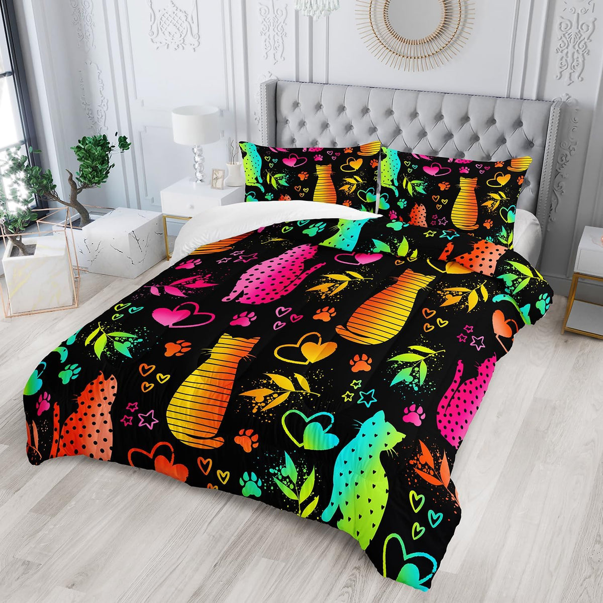 Kawaii Cat Animal Comforter 3Pcs Full Lovely Pet Cat Bedding Set for Kid Teen Girl Boy Adult Room