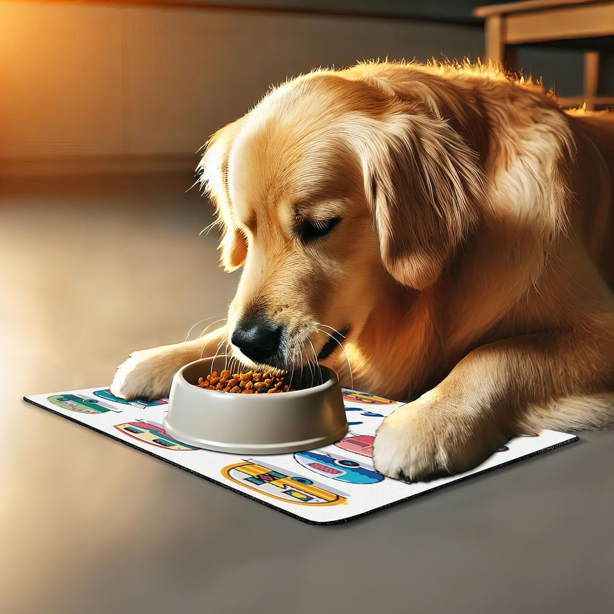 Lunarable Camper Pet Mat for Food and Water, You Make Me Happy Motivational Words Caravans Retro
