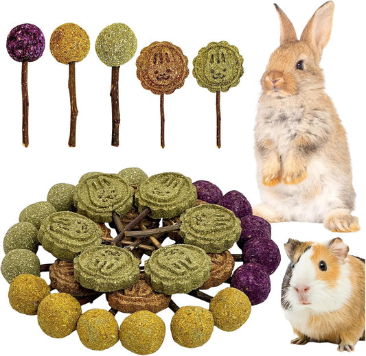 Fhiny Rabbit Chew Toys, 30 PCS Natural Bunny Lollipop Chew Sticks Handmade Guinea Pig Molar Treats