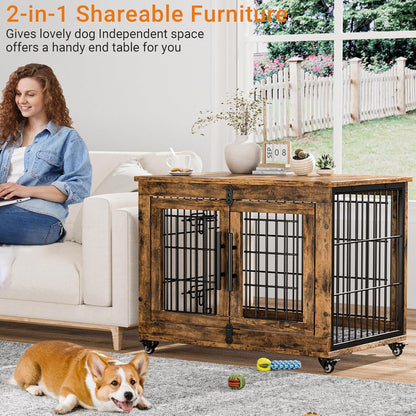 Lulive Dog Crate Furniture, Dog Kennel Indoor Double Doors Wooden Dog Cage, 32'' Heavy Duty Dog