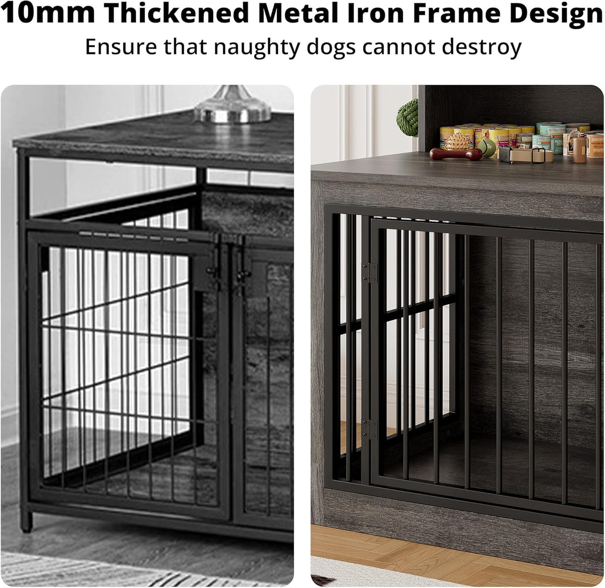 IRONCK Extra Large Dog Crate Furniture, 43.3 inches Wooden Dog Crate with Storage and 4 Hooks