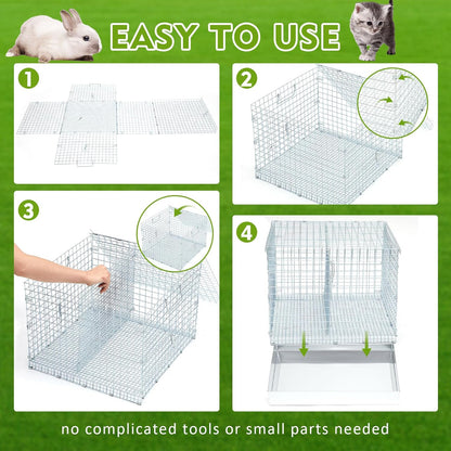 Folding Rabbit Cage, 18 x 18 x 14 in Portable Bunny Carrier with Tray and Handles for Transport