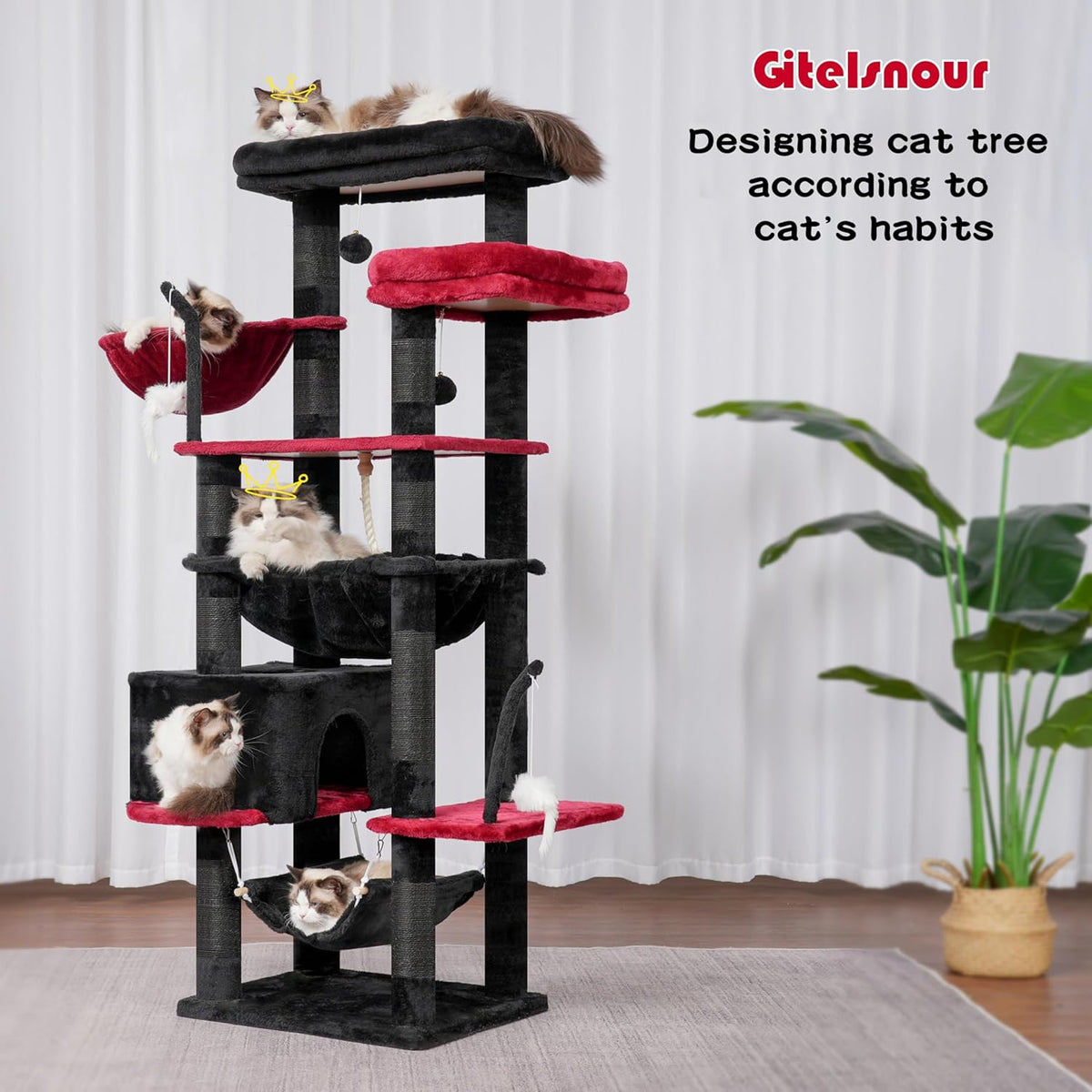 Gothic Cat Tree, Cat Tower for Large Cats with 2 Big Platforms, 2 Baskets, condo and Toys, 63" Cat