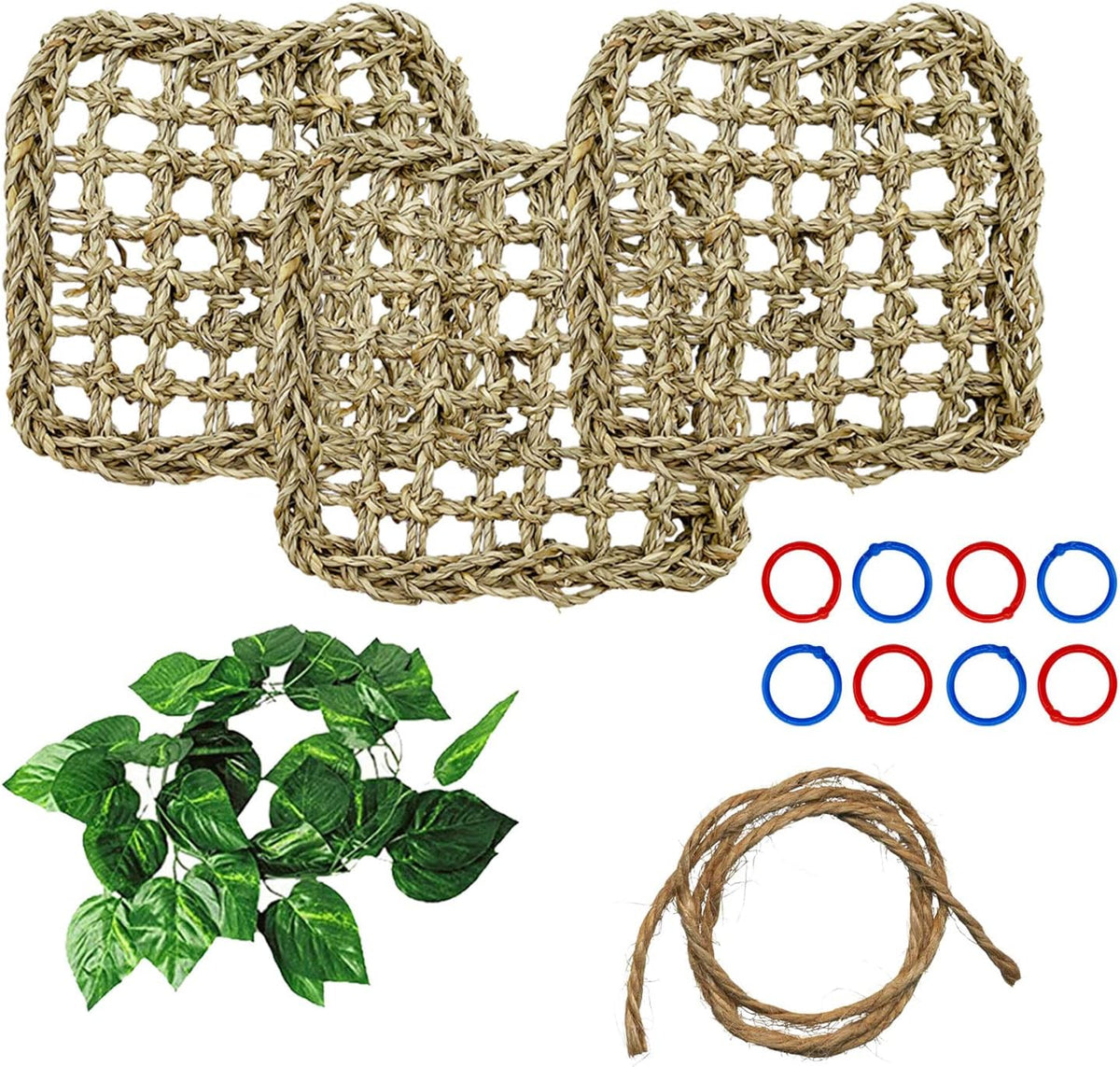 BNOSDM Bird Seagrass Mat, 3 PCS 7.1 x 7.1 Inches Parrot Natural Seagrass Woven Bird Net Hammock