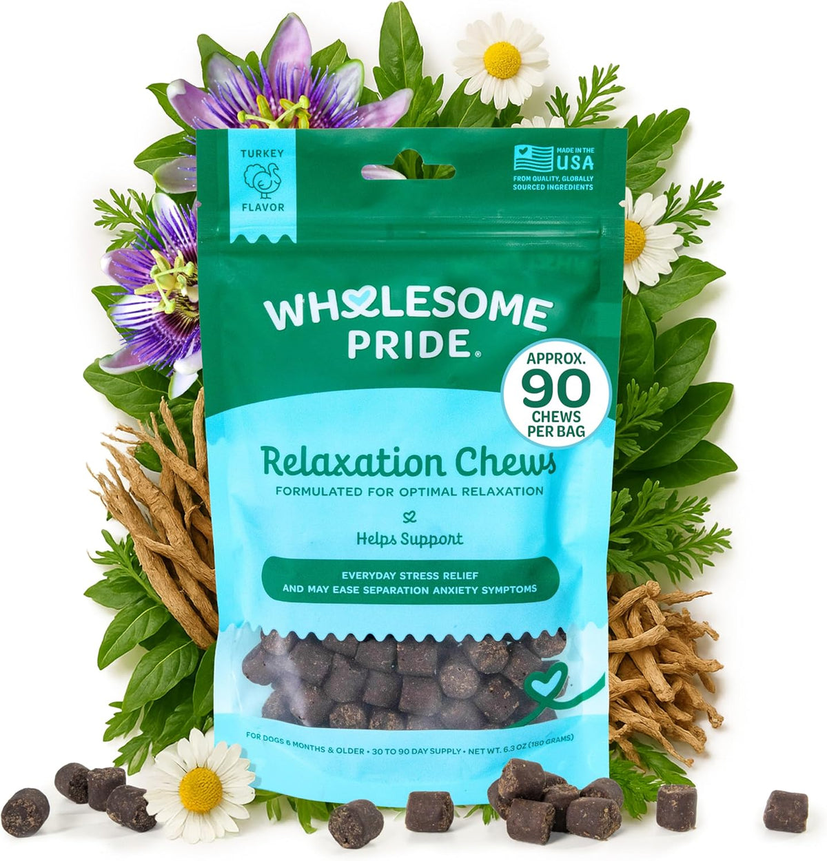 Wholesome Pride Calming Supplement for Dogs - 90 Soft Chews - Natural Anxiety Relief, Separation &