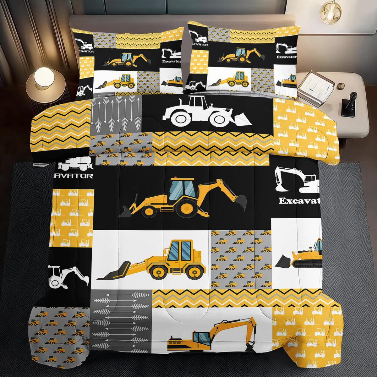 Construction Comforter Set Full Boys,Yellow Full Construction Bedding Set,Engineering Vehicles