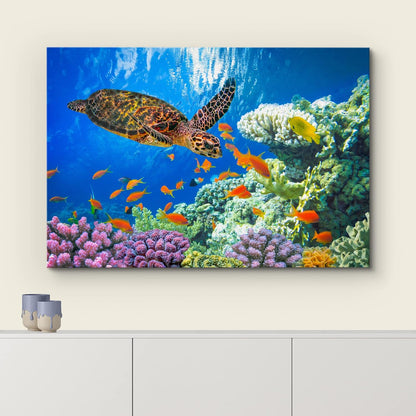 wall26 Canvas Print Wall Art Vibrant Neon Underwater Turtle, Reef & Fish Nature Animals Photography