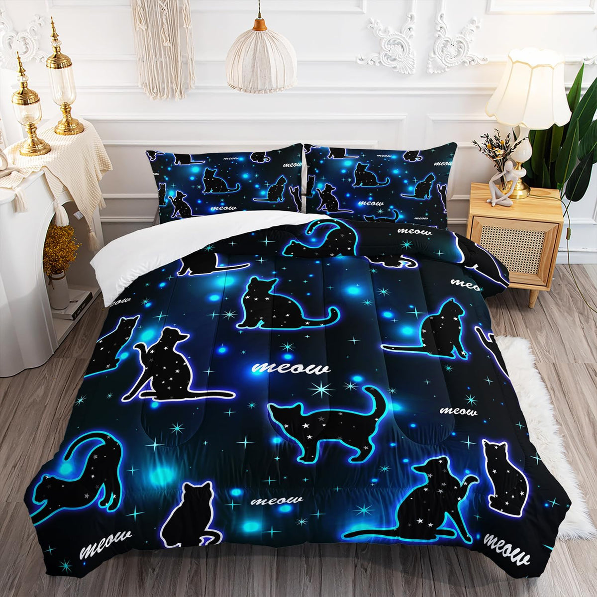Kawaii Pet Cat Comforter 3Pcs Twin Gradient Line Cute Kitten Animal Bedding Set for Kids Teens