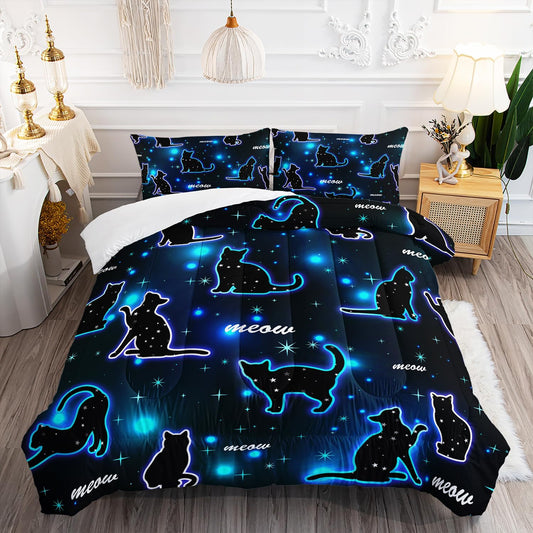 Kawaii Pet Cat Comforter 3Pcs Twin Gradient Line Cute Kitten Animal Bedding Set for Kids Teens