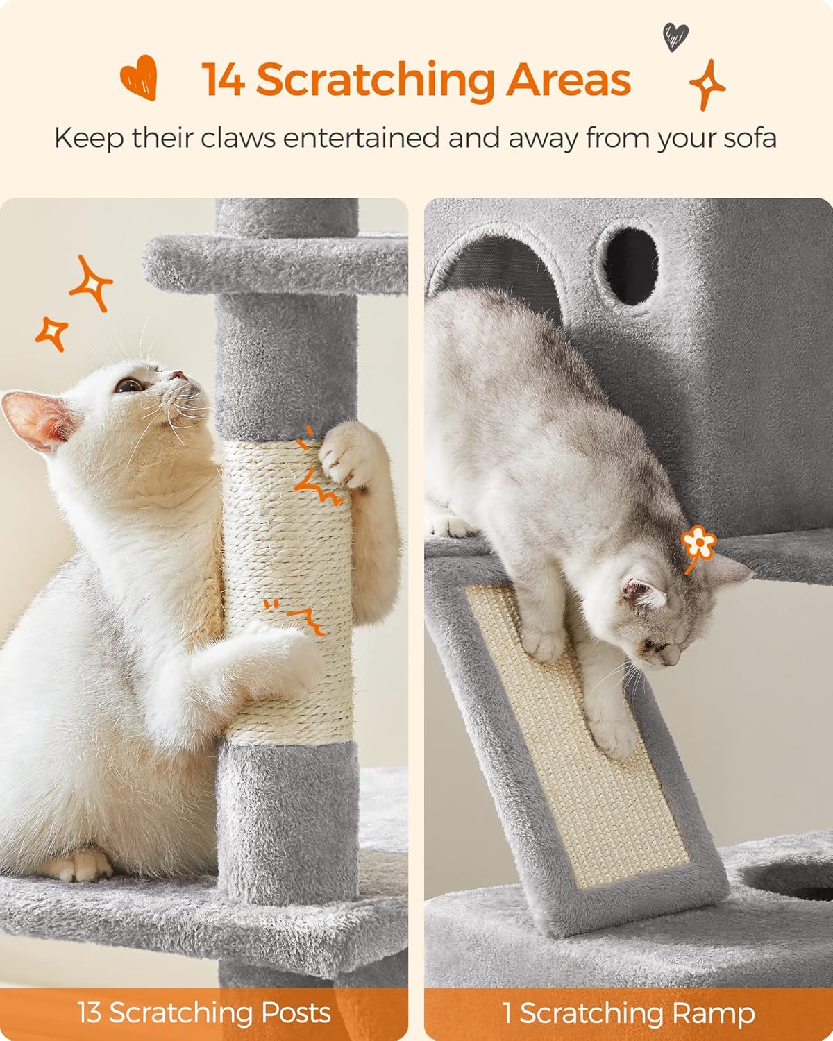 Feandrea Cat Tree, 81.1-Inch Large Cat Tower with 13 Scratching Posts, 2 Perches, 2 Caves, Basket