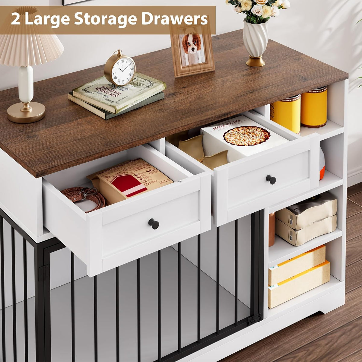 Dog Crate Furniture 47", Large Dog Crate TV Stand with 2 Drawers and 4 Shelves, Wooden Dog Kennel