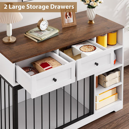 Dog Crate Furniture 47", Large Dog Crate TV Stand with 2 Drawers and 4 Shelves, Wooden Dog Kennel