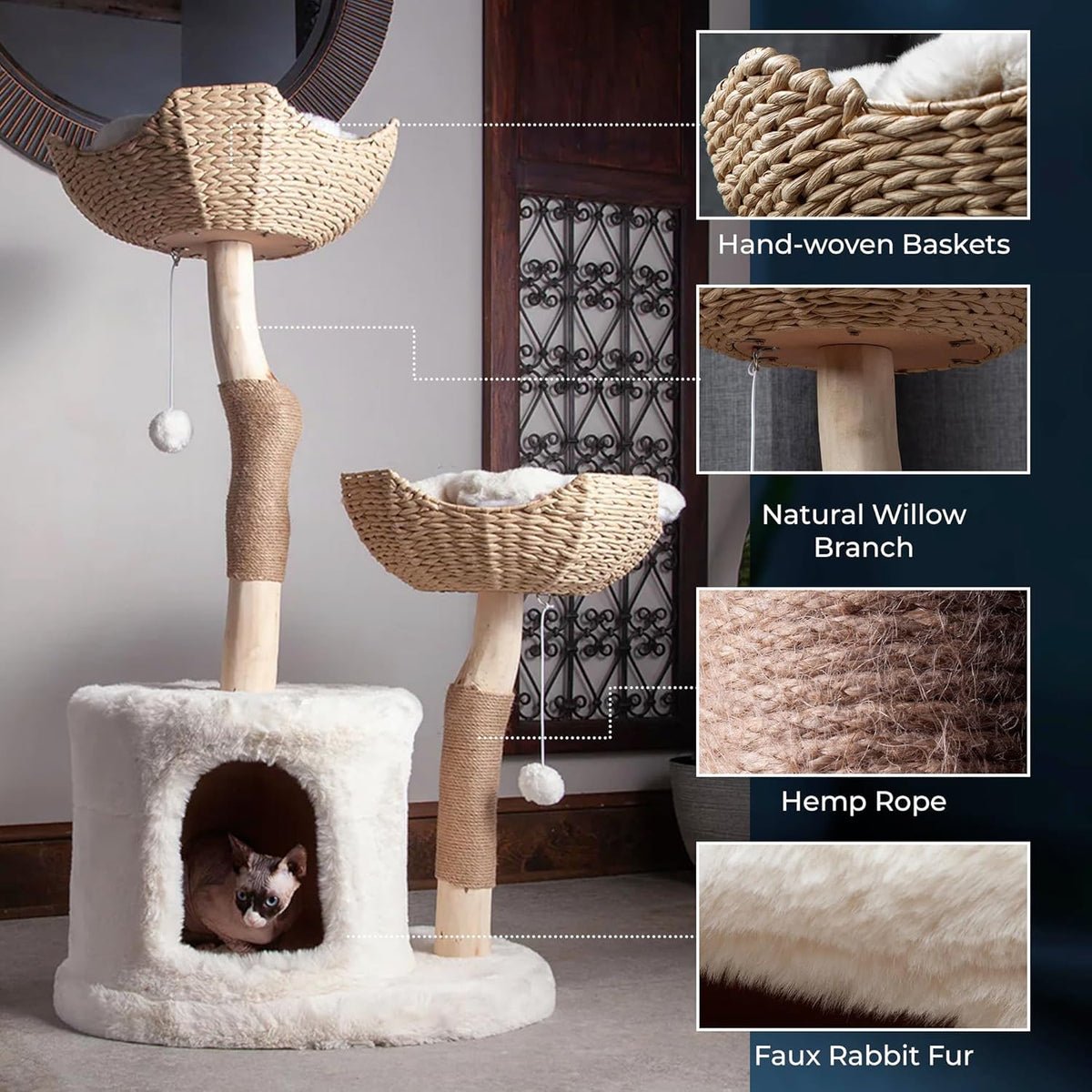 The Bungalow Cat Tree - Luxury Cat Condo, Large Modern Indoor Tower with 2 Faux Fur Beds
