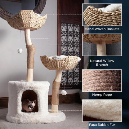 The Bungalow Cat Tree - Luxury Cat Condo, Large Modern Indoor Tower with 2 Faux Fur Beds