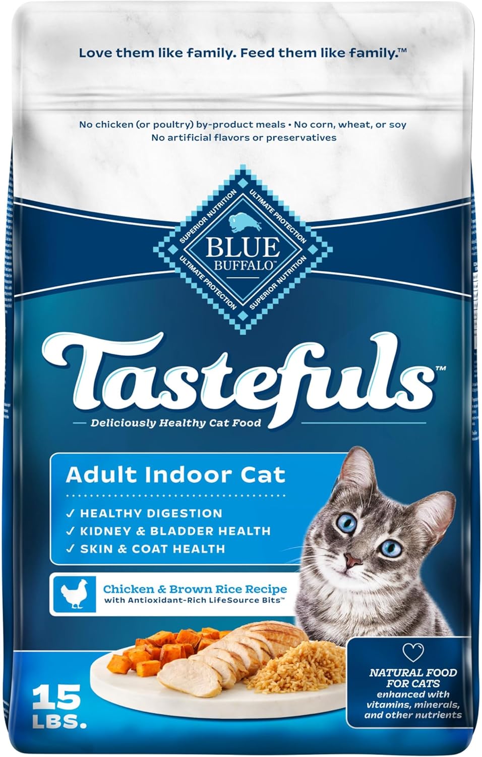 Blue Buffalo Tastefuls Natural Dry Food for Adult Indoor Cats, Chicken & Brown Rice Recipe, 15-lb.