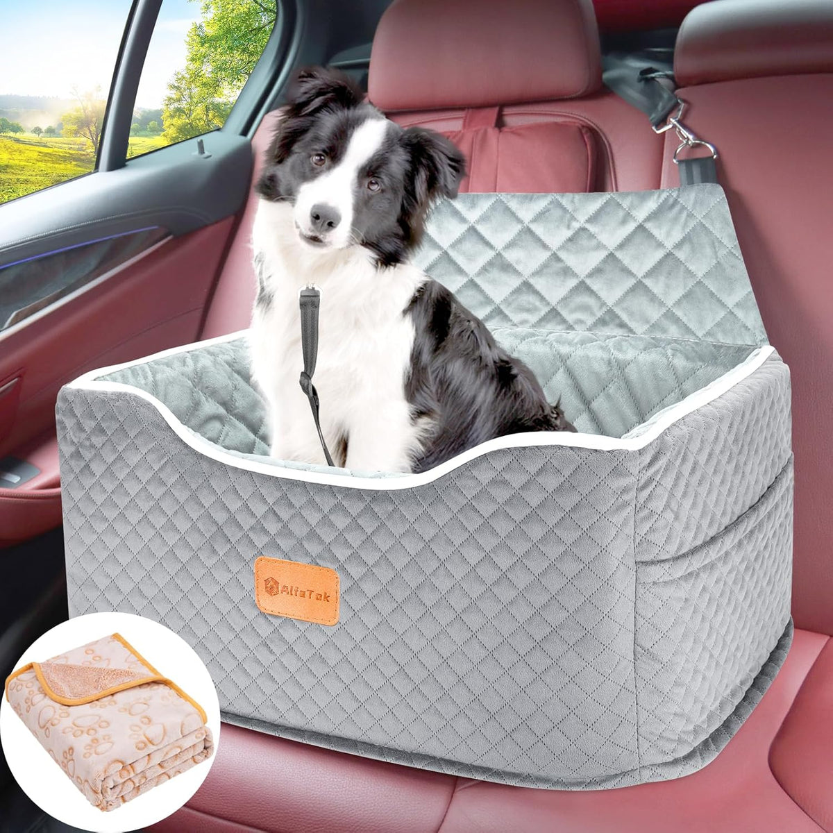 Memory Foam Booster Dog Car Seat for Medium Dogs Under 45 LBS, Elevated Pet Car Seat with