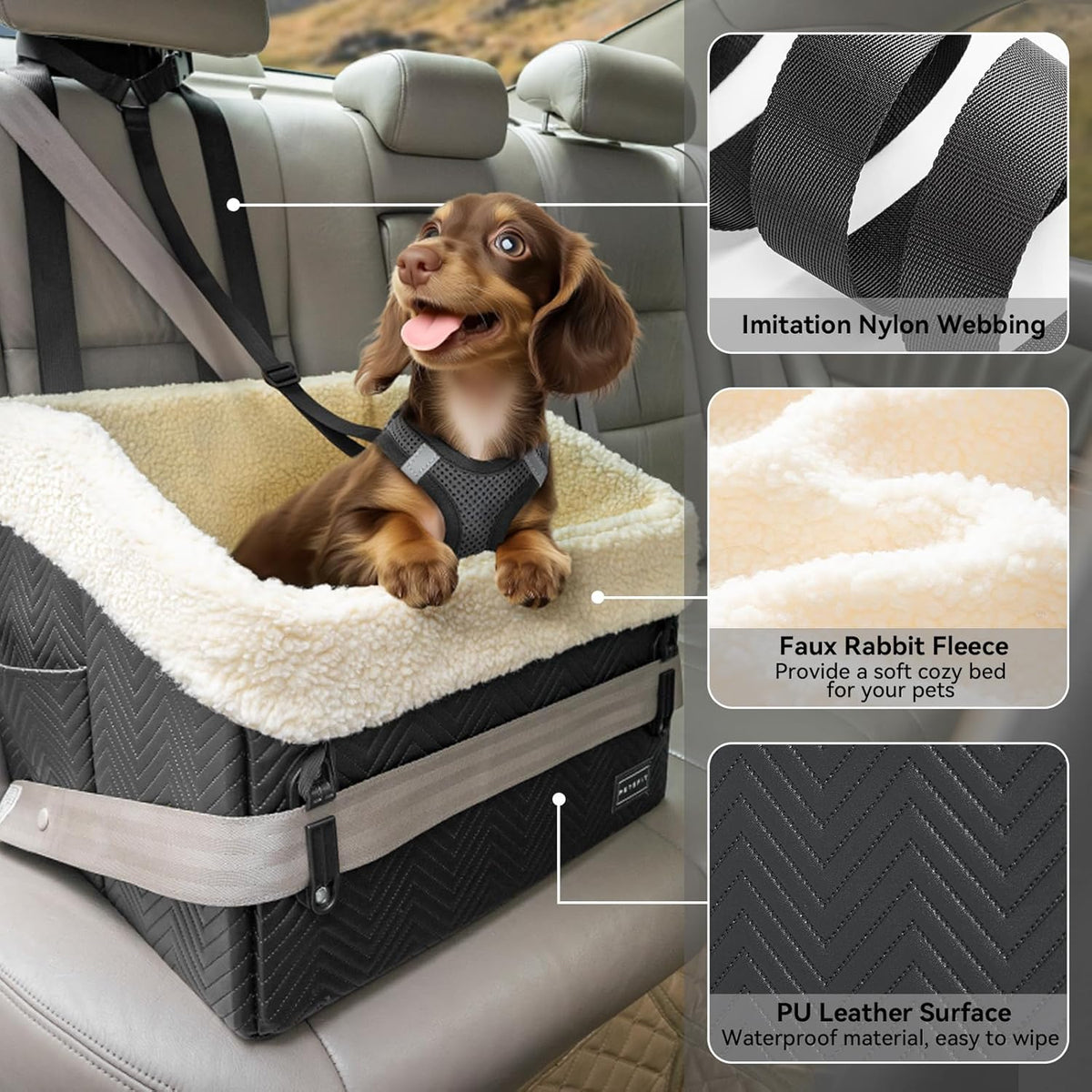 PETSFIT Small Dog Car Seat, Waterproof PU Leather Dog Booster Car Seat with Patented Safe Buckles
