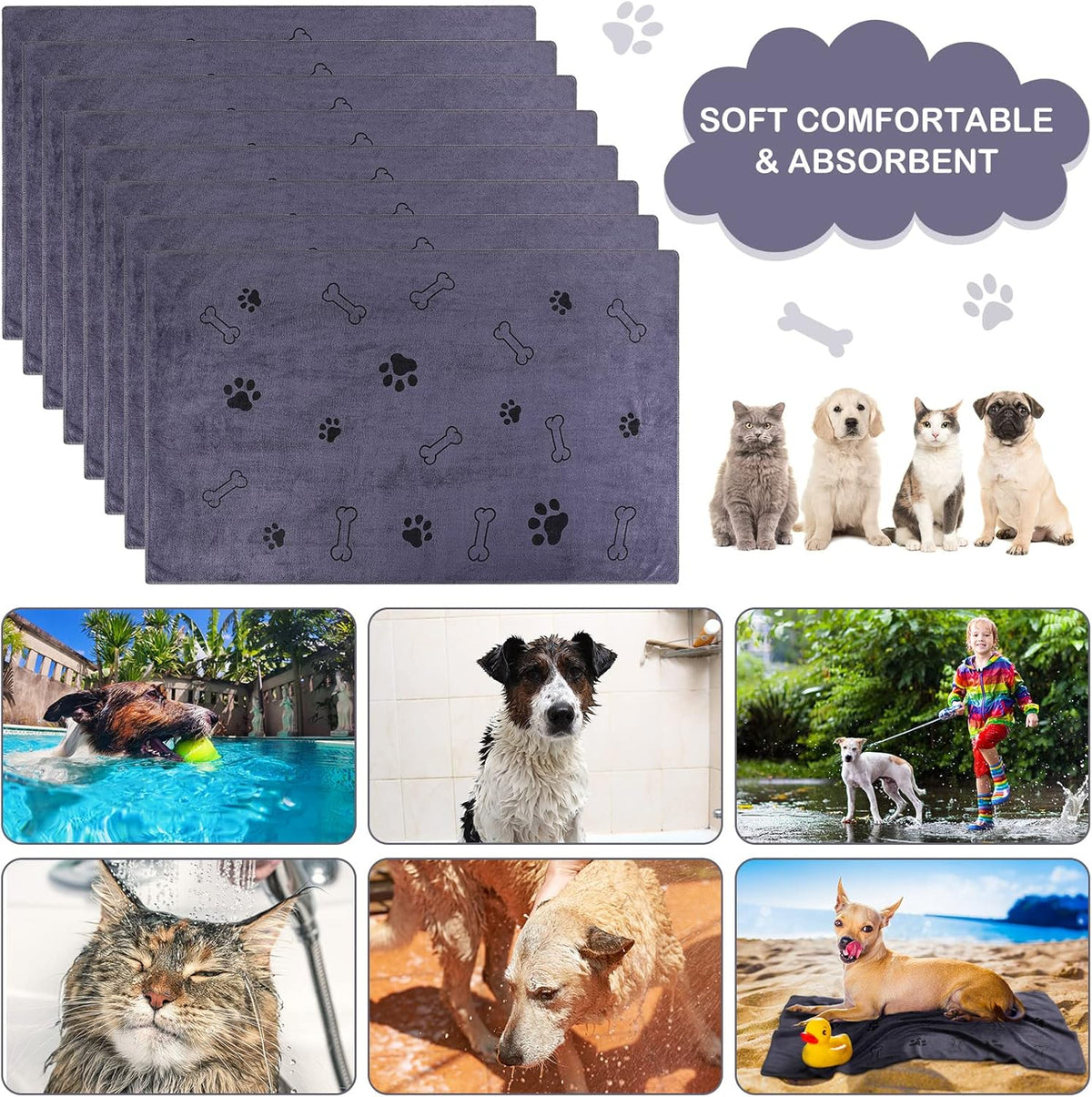 Chumia 8 Pcs Dog Towels for Drying Dogs Cats Pet Towels Bulk Puppy Microfiber Quick Drying Paw Bath