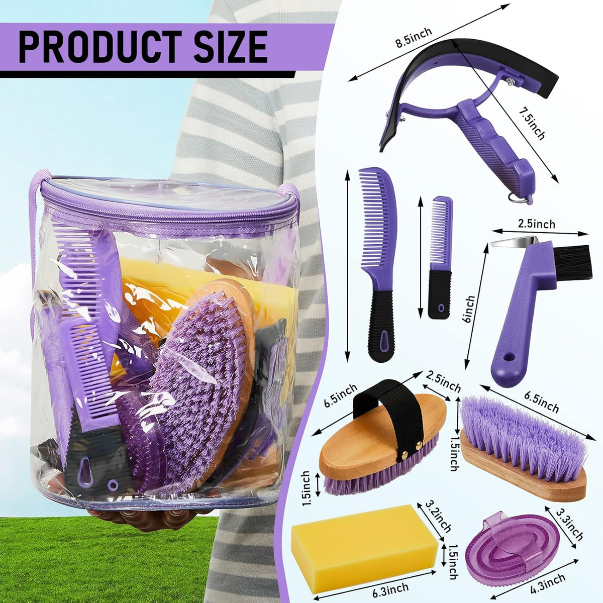 9 Pieces Horse Grooming Kit Tack Room Supplies Set with Organizer Tote Bag, Oval Massage Curry