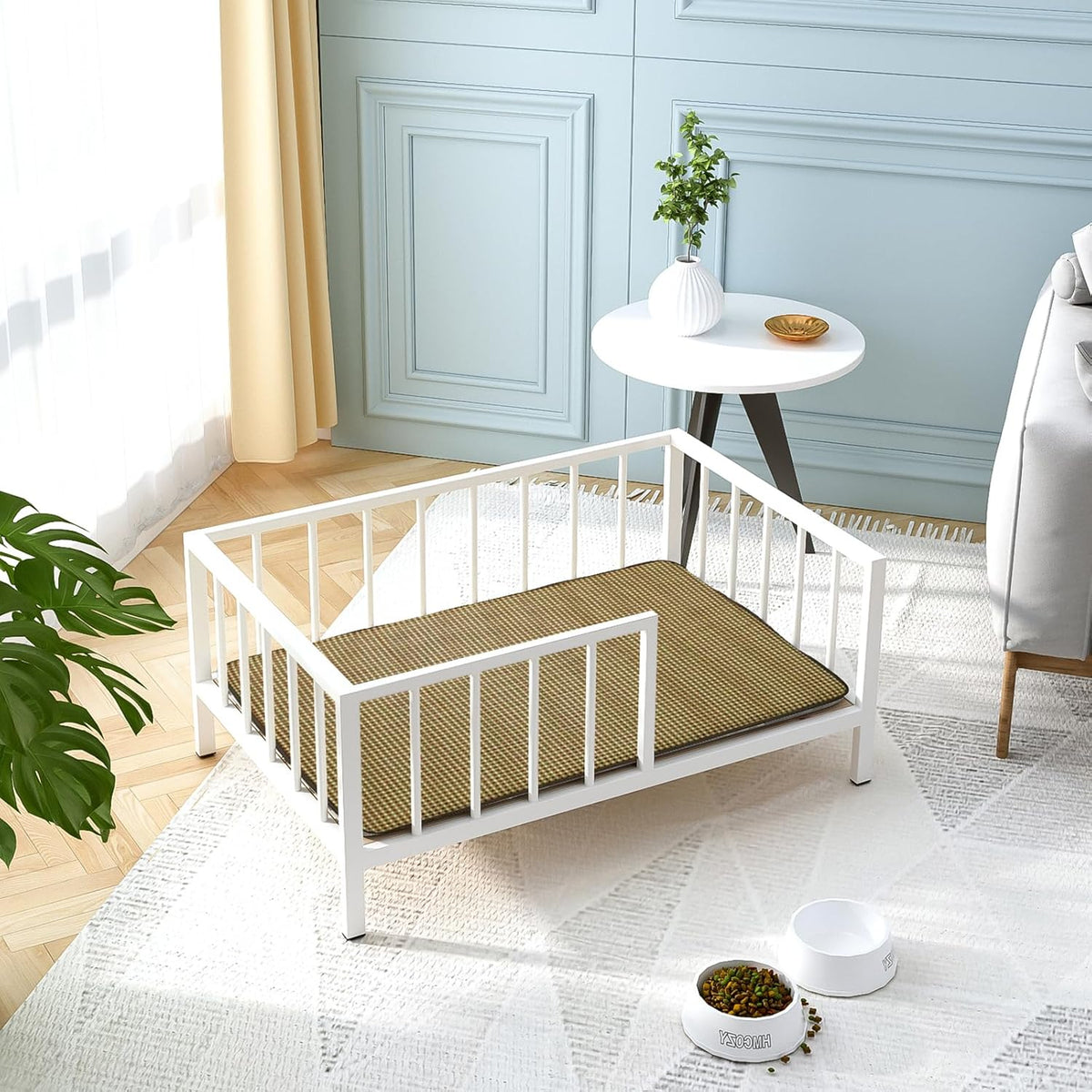 Dog Bed with Rails - Elevated Pet Metal Bed Frame with Solid Wood Board and Washable Soft Mat for