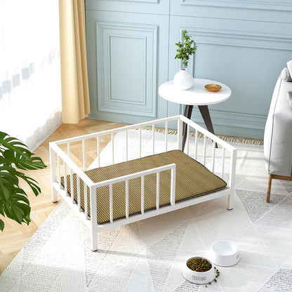 Dog Bed with Rails - Elevated Pet Metal Bed Frame with Solid Wood Board and Washable Soft Mat for