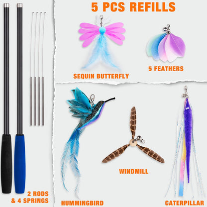 JXFUKAL 2025 Latest Cat Toys, 2 in 1 Spring Cat Wand Toy with 2PCS Ultra-Long Cat Teaser, 4PCS