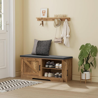 2-Tier Storage Bench, Shoe Bench with Padded Seat Cushion, Entryway Bench with 2 Barn Doors