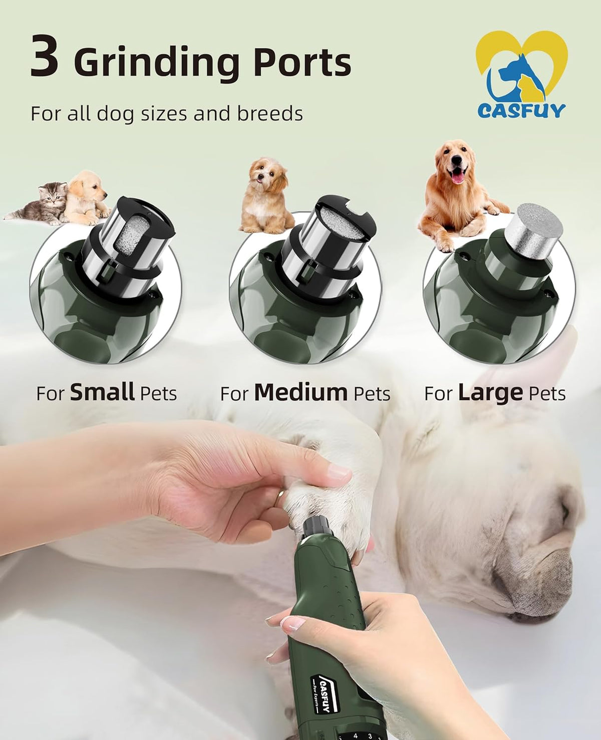 Casfuy Dog Nail Grinder Quiet - (45db) 6-Speed Pet Nail Grinder with 2 LED Lights for Large Medium