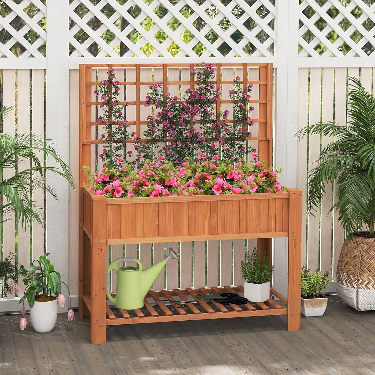 Giantex Raised Garden Bed with Trellis, Wooden Elevated Planter Box with Legs, Drainage Holes for