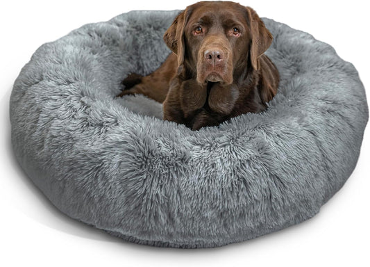 Best Friends by Sheri Original Calming Donut Dog and Cat Bed, Shag Faux Fur, Gray, (36in x 36in)