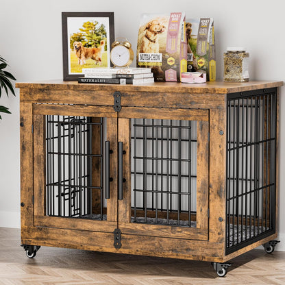 Lulive Dog Crate Furniture, Dog Kennel Indoor Double Doors Wooden Dog Cage, 32'' Heavy Duty Dog