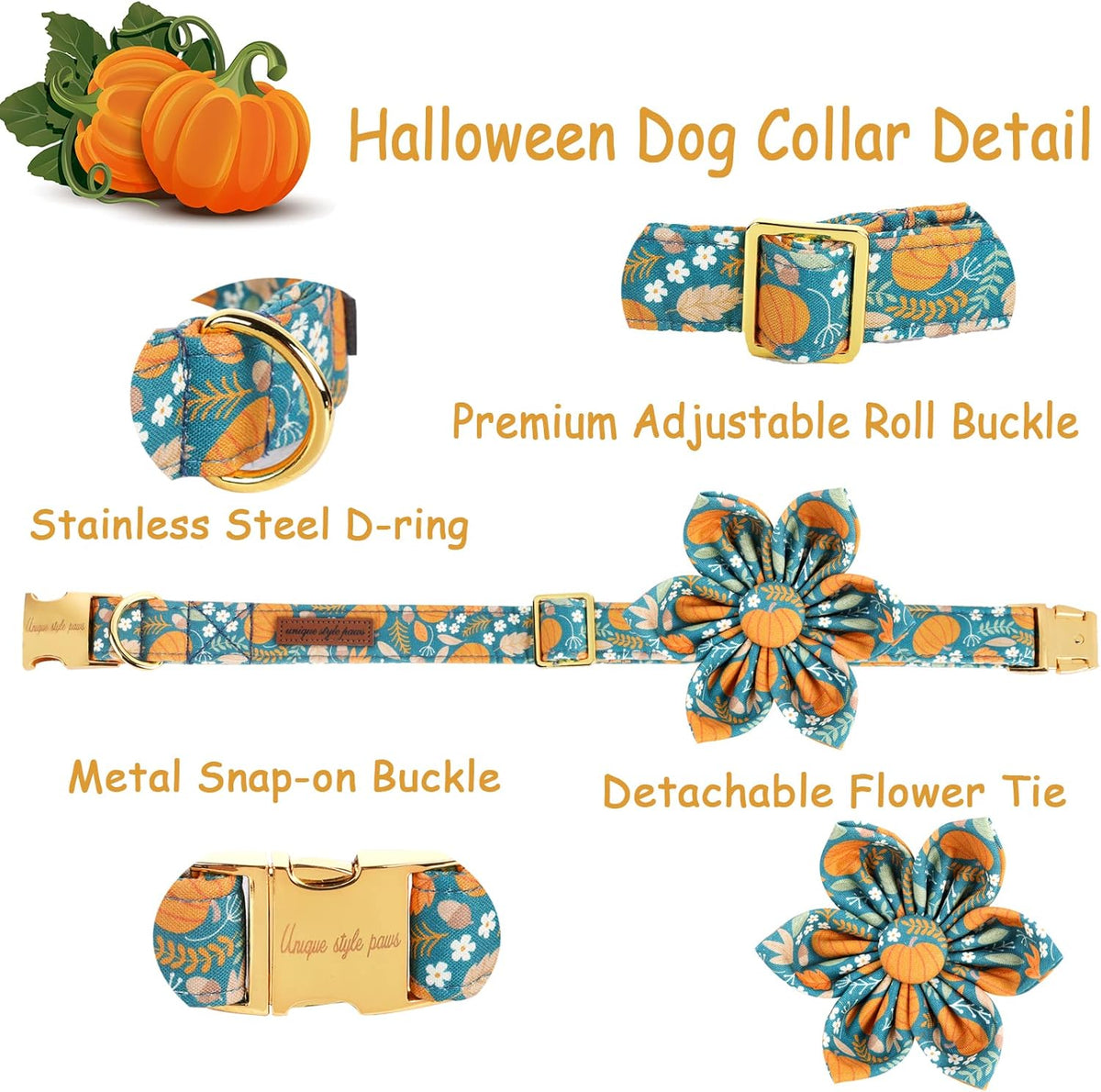 Unique style paws Halloween Dog Collar with Flower Tie Pumpkin Cotton Collar Adjustable Puppy