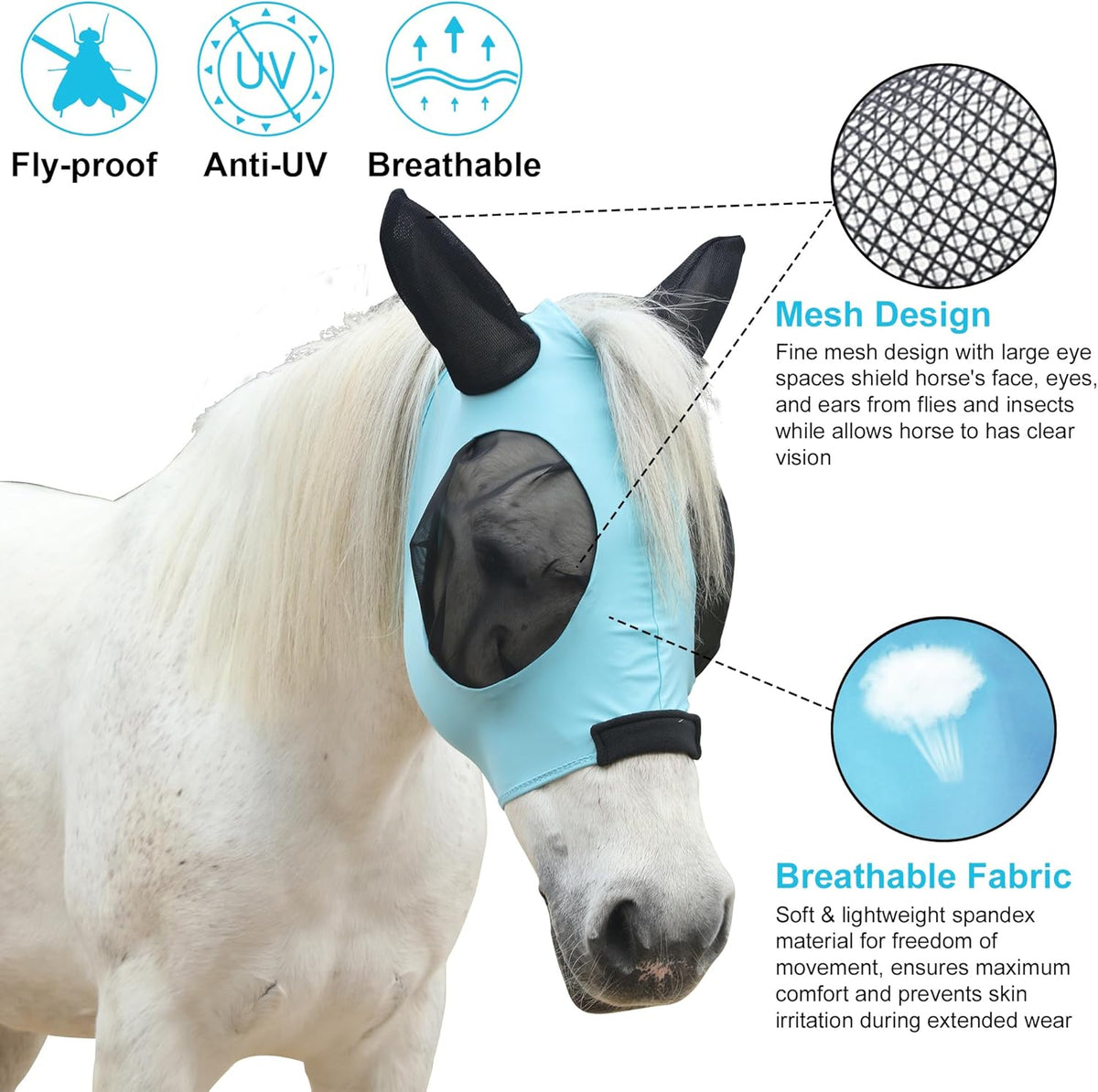 Stretchy Horse Fly Mask for Horses, Soft Lycra Equine Mesh Mask, Elasticity Horse Face Covering