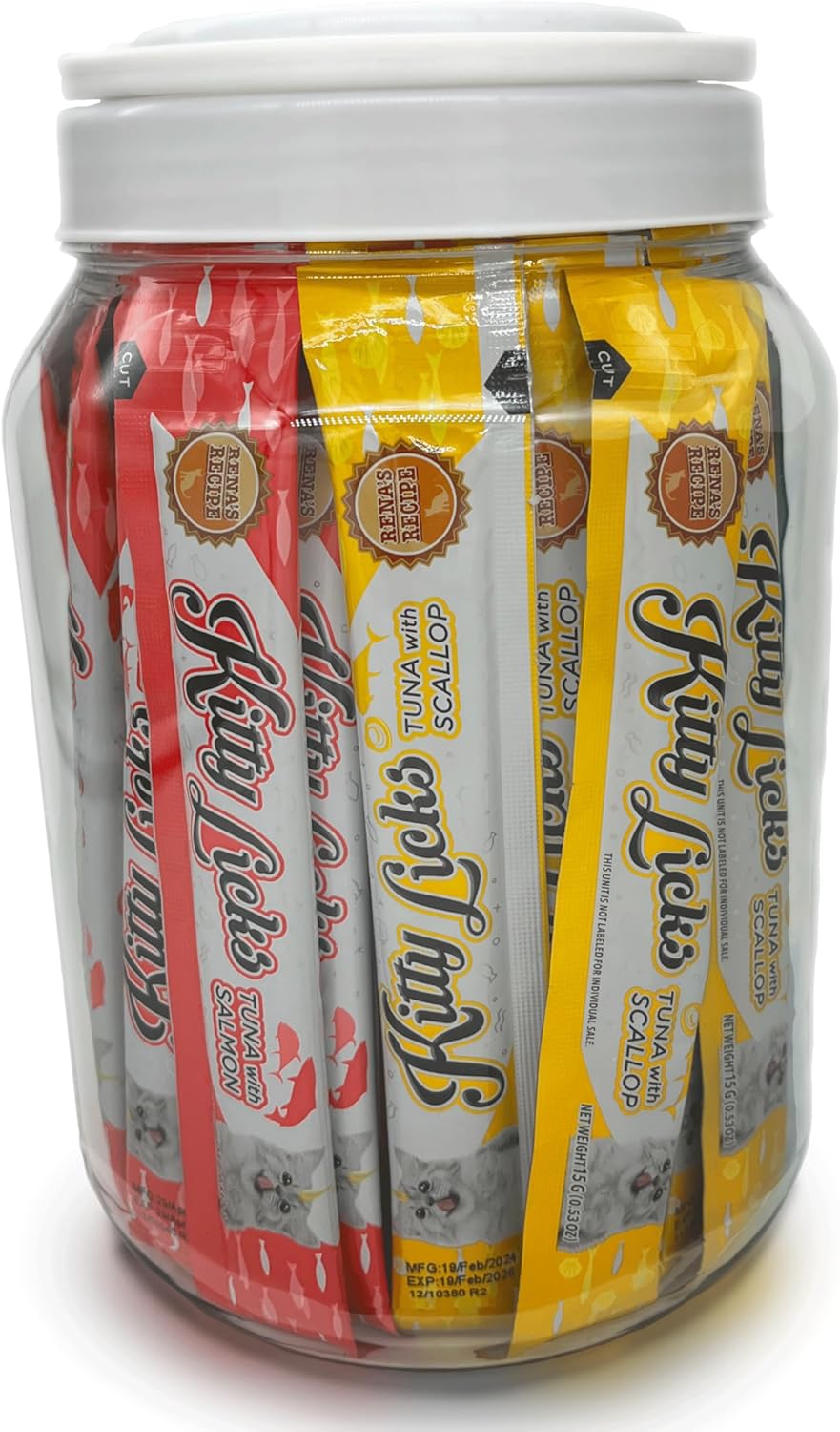 Rena's Recipe Kitty Licks Tuna Barrel (60 Tubes) 4 flavorsX 15 Tubes Cream Lickable Cat Treats 4