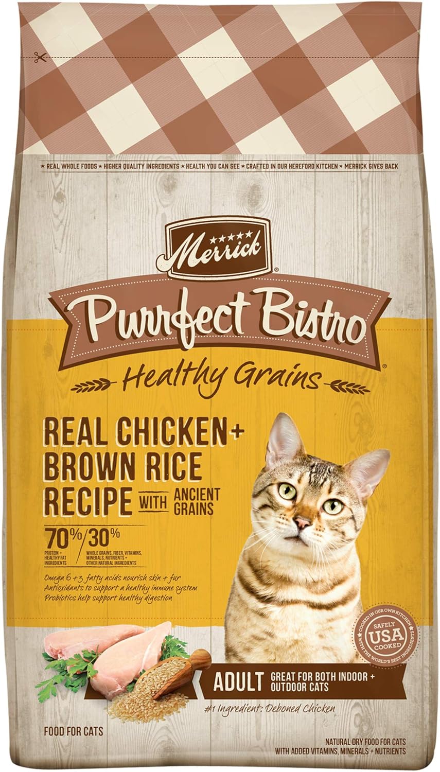 Merrick Purrfect Bistro Premium Healthy Grains Dry Cat Food For Adult Cats, Real Chicken And Brown