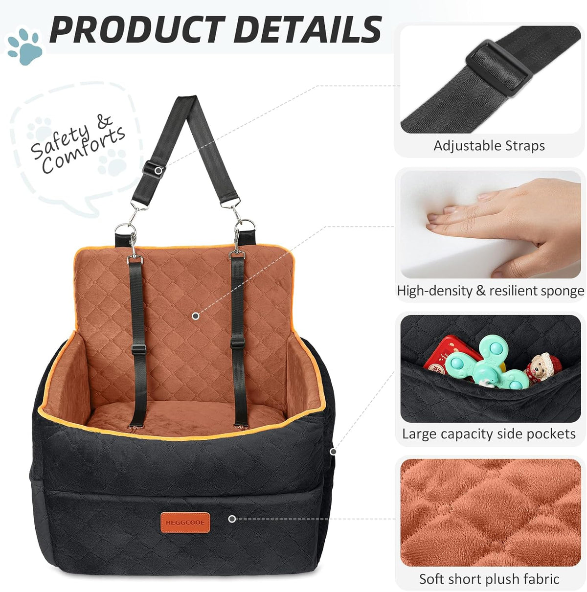 Small Dog Car Seat, Memory Foam Dog Booster Seats with Thick Cushion for Medium Dogs Under 35lbs