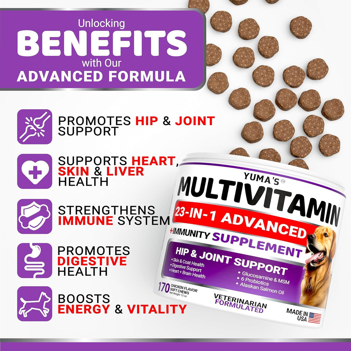 Dog Multivitamin Chewable with Glucosamine - Dog Vitamins and Supplements - 170 Treats - Senior &