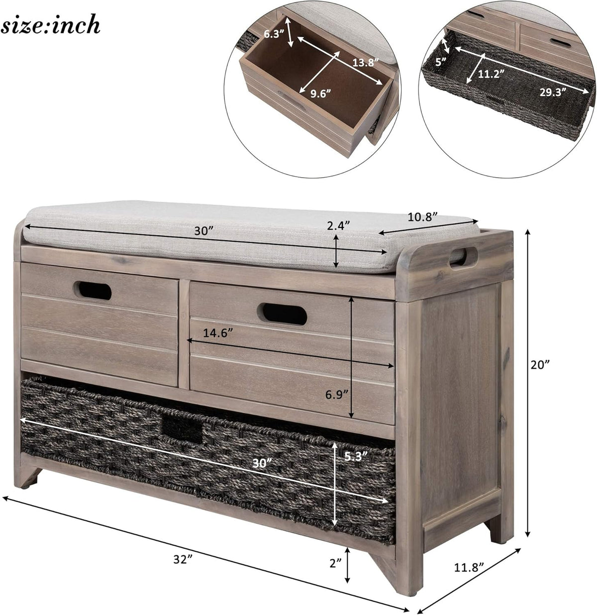 Storage Bench Removable Basket 2 Drawers Fully Assembled Acacia Wood Shoe Bench Standing Shoe Rack