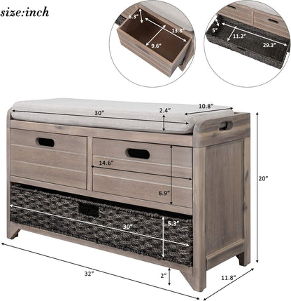 Storage Bench Removable Basket 2 Drawers Fully Assembled Acacia Wood Shoe Bench Standing Shoe Rack
