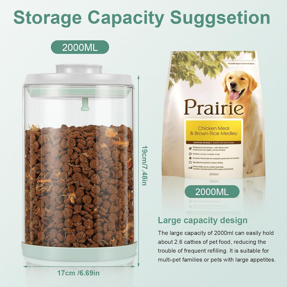 Dog Treat Container Airtight Jar 2.2Qt/2L, Glass Food Jars with One-Touch Lid for Dog or Cat