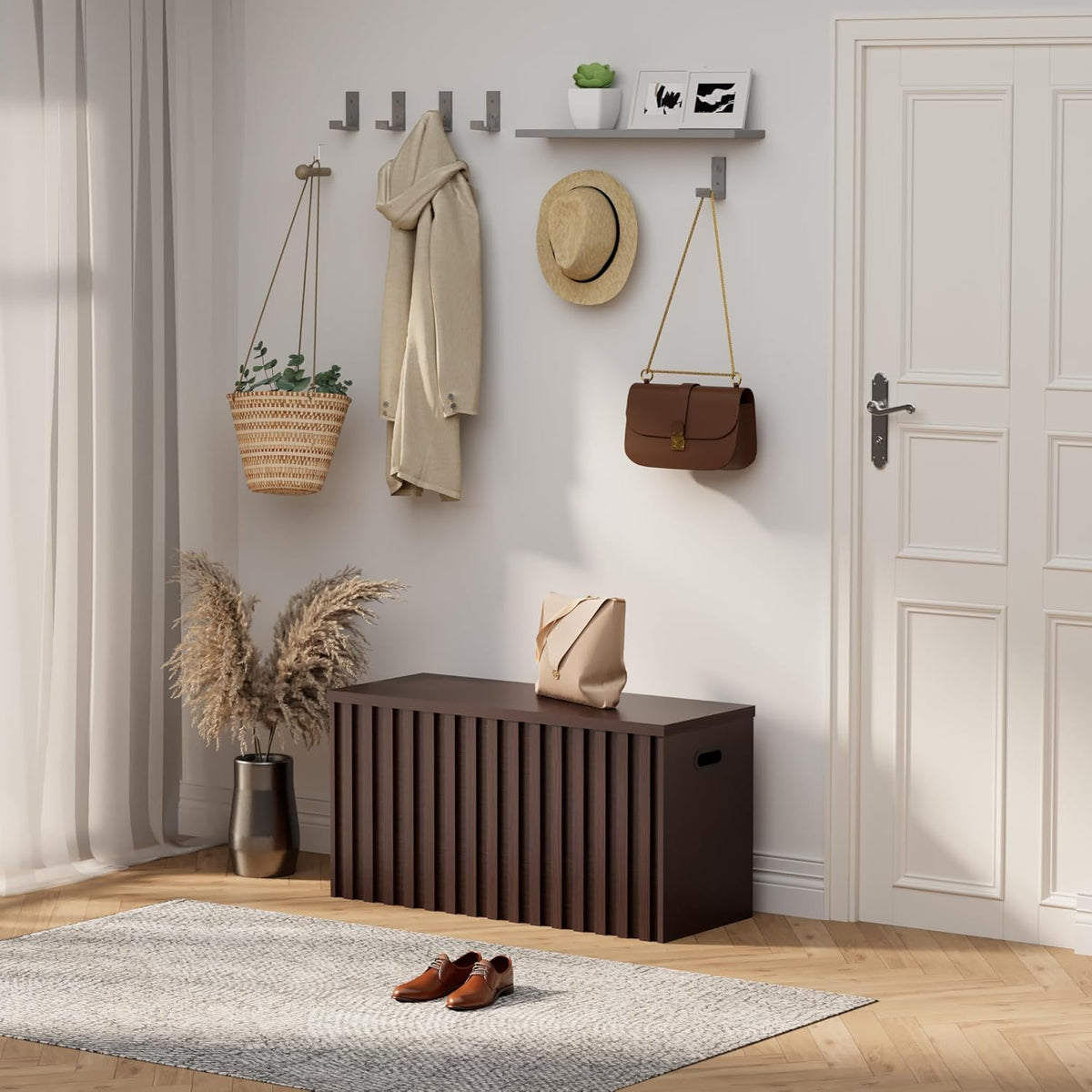UEV Storage Bench,39.4" Wood Box, Storage Trunk with 2 Safety Hinges, Ottoman Storage Chest, Fluted