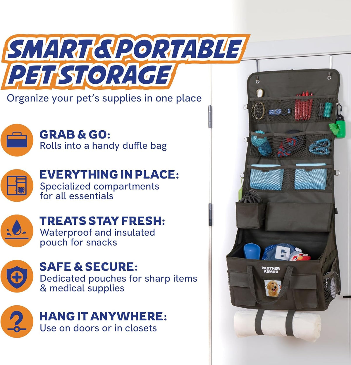 Panther Armor Dog Travel Bag Hanging Dog Organizer & Pet Storage Tote Bag for Supplies | Waterproof