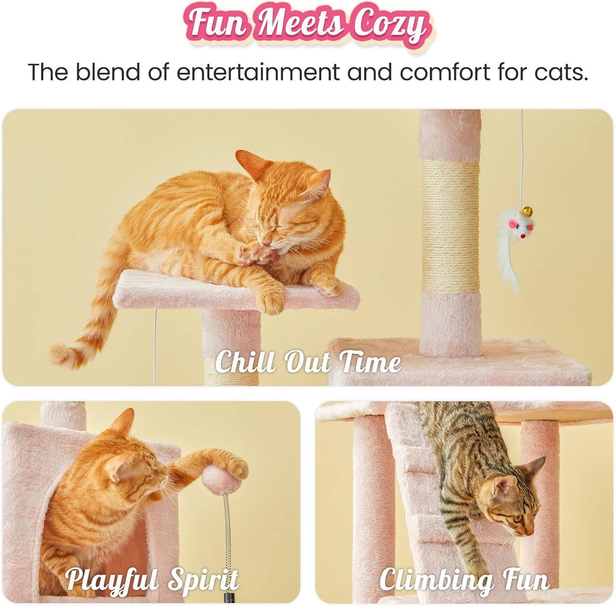 MWPO 63.8-Inch Pink Cat Tree for Indoor Cats, Multi-Level Cat Tower with Sisal-Covered Scratching