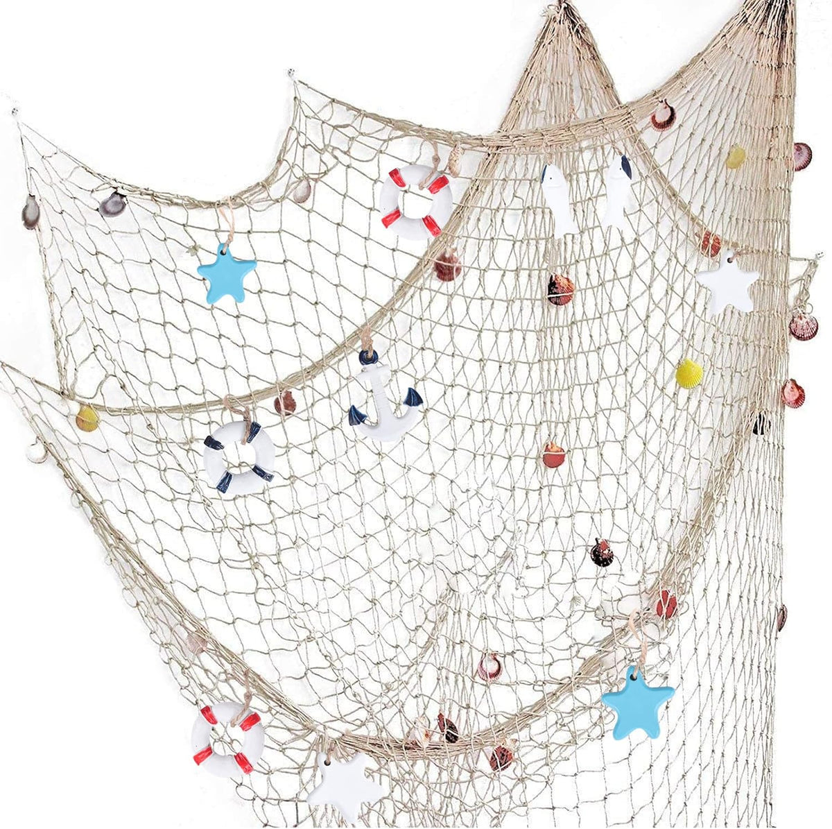 Nature Fish Net Wall Decoration with Shells, Ocean Themed Wall Hangings Fishing Net Party Decor for