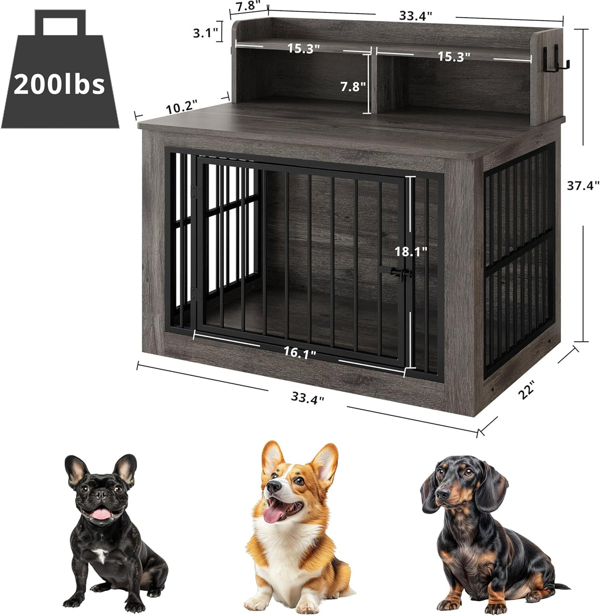 IRONCK Dog Crate Furniture, 33.4 inches Wooden Small Dog Crate with Storage and 4 Hooks, Heavy Duty